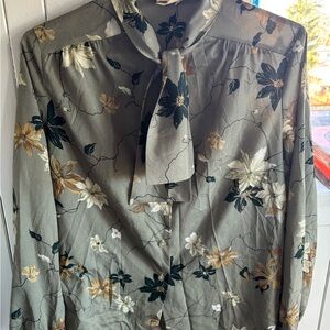 Vintage Floral Tie-Neck Blouse - Green and Cream